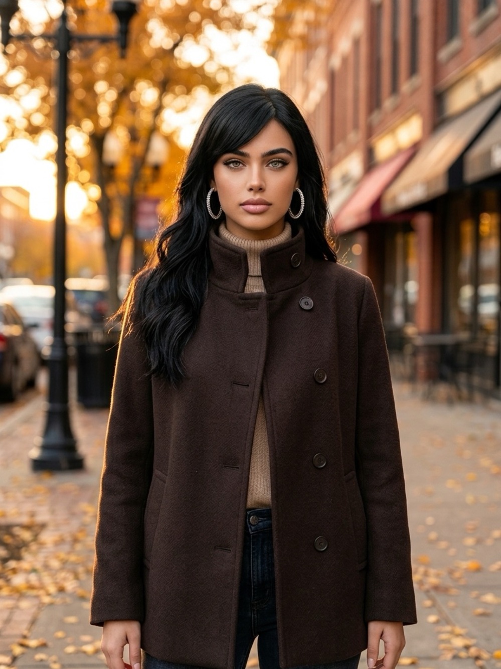 Zara Dark Brown Double-Breasted Wool Pea Coat